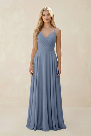 Spaghetti Strap A - Line Chiffon Bridesmaid Dress in Neptune - SHE IS ME Bridesmaid Dresses