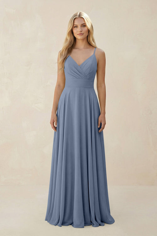 Spaghetti Strap A - Line Chiffon Bridesmaid Dress in Neptune - SHE IS ME Bridesmaid Dresses