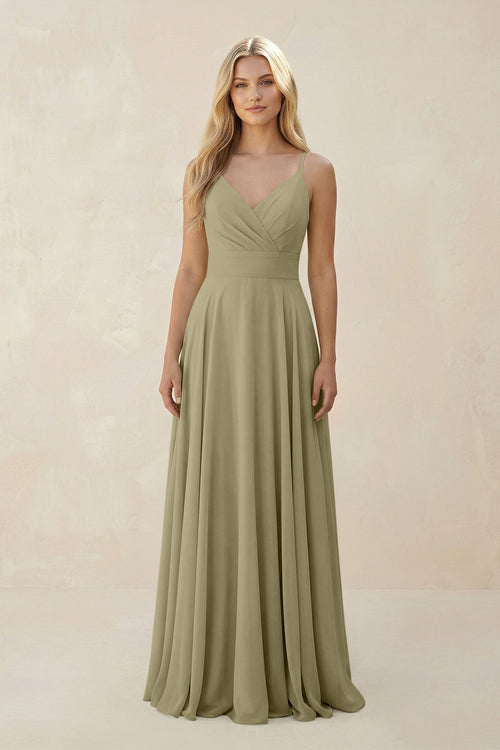 Spaghetti Strap A - Line Chiffon Bridesmaid Dress in Thyme - SHE IS ME Bridesmaid Dresses