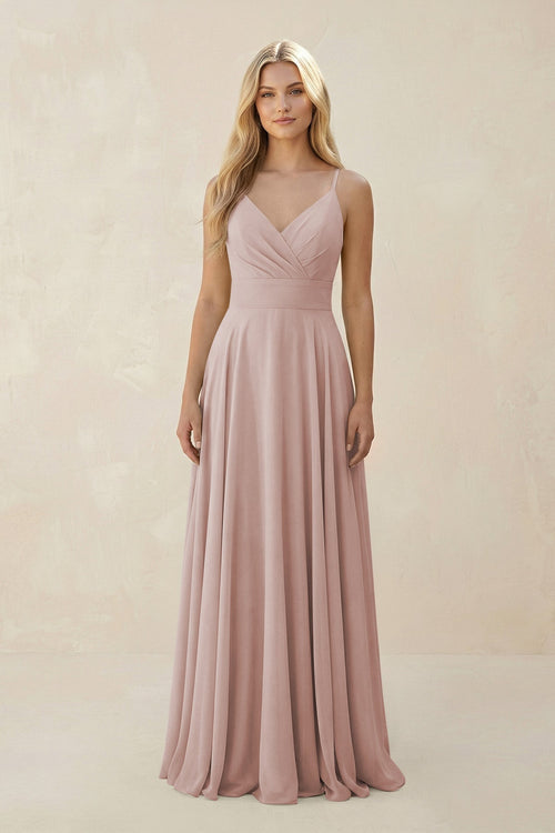 Spaghetti Strap A - Line Chiffon Bridesmaid Dress in Toffee - SHE IS ME Bridesmaid Dresses