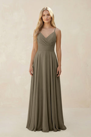Spaghetti Strap A - Line Chiffon Bridesmaid Dress in Willow Green - SHE IS ME Bridesmaid Dresses