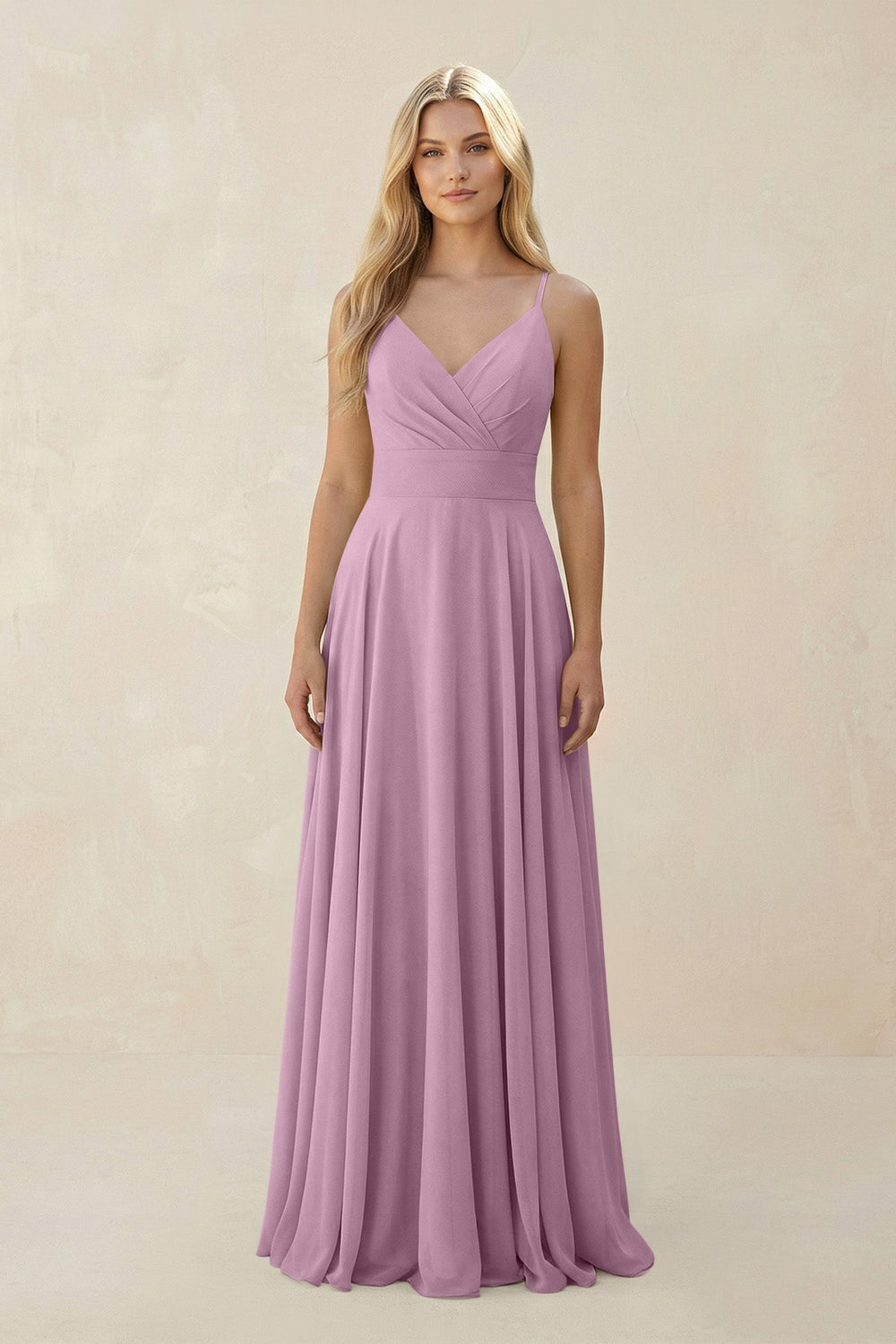 Spaghetti Strap A - Line Chiffon Bridesmaid Dress in Wisteria - SHE IS ME Bridesmaid Dresses