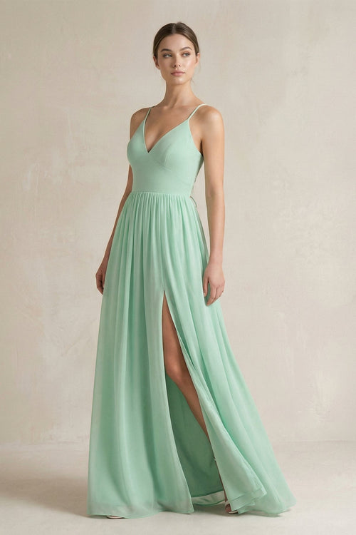 A-Line Spaghetti Strap Chiffon Bridesmaid Dress in Pale Pistachio - SHE IS ME BRIDESMAID DRESSES