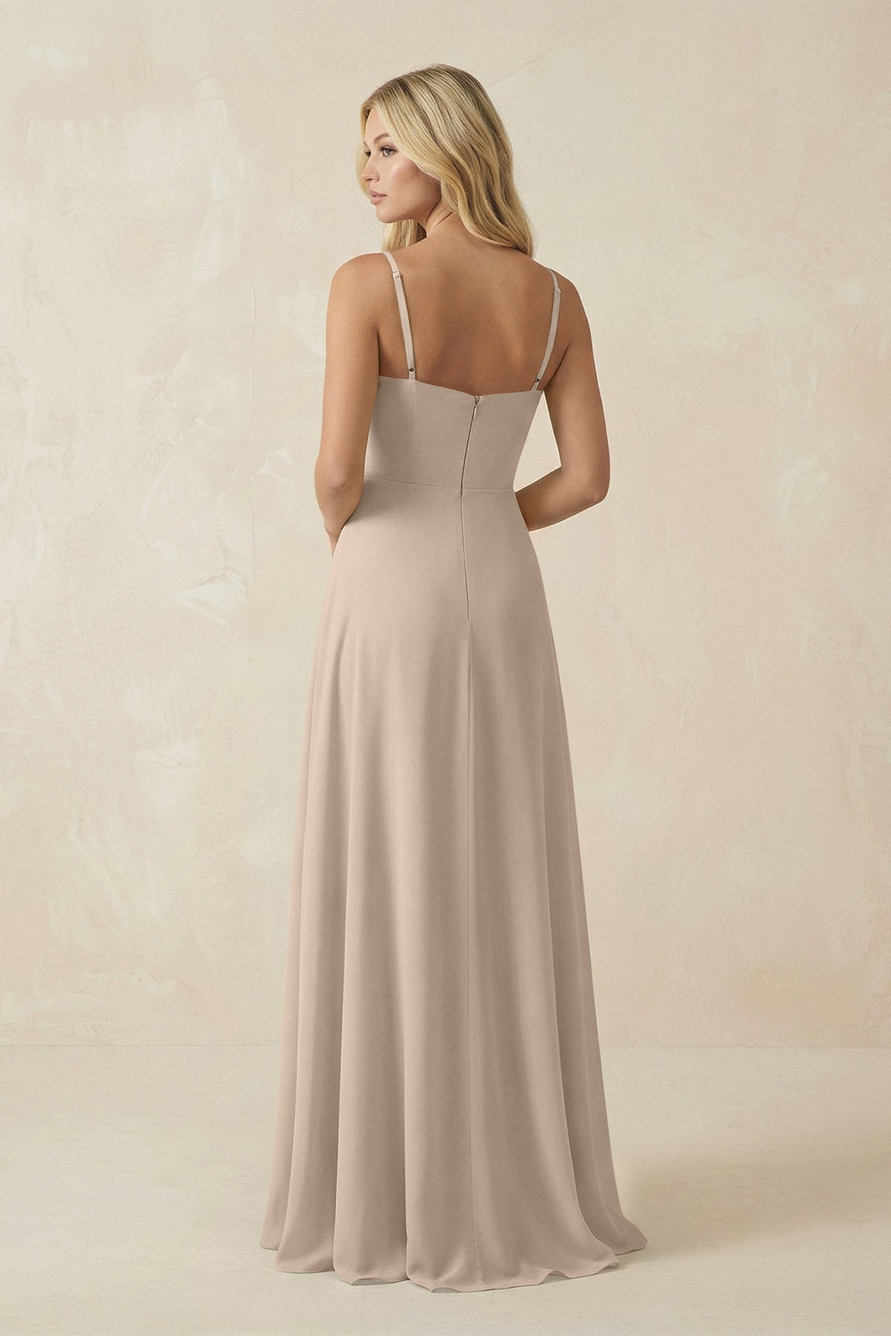Spaghetti Strap Chiffon A - Line Bridesmaid Dress in Almond - SHE IS ME Bridesmaid Dresses