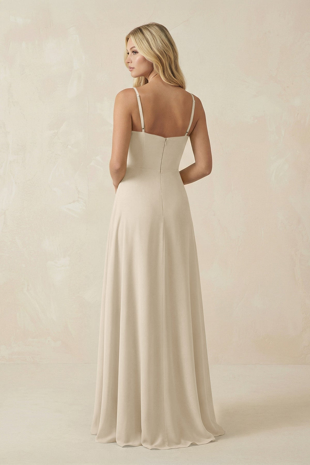Spaghetti Strap Chiffon A - Line Bridesmaid Dress in Champagne - SHE IS ME Bridesmaid Dresses