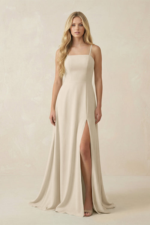 Spaghetti Strap Chiffon A - Line Bridesmaid Dress in Champagne - SHE IS ME Bridesmaid Dresses