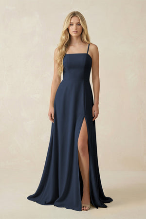 Spaghetti Strap Chiffon A - Line Bridesmaid Dress in Dark Navy - SHE IS ME Bridesmaid Dresses
