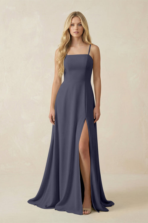 Spaghetti Strap Chiffon A - Line Bridesmaid Dress in Dusk Blue - SHE IS ME Bridesmaid Dresses