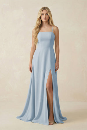 Spaghetti Strap Chiffon A - Line Bridesmaid Dress in Dusty Blue - SHE IS ME Bridesmaid Dresses