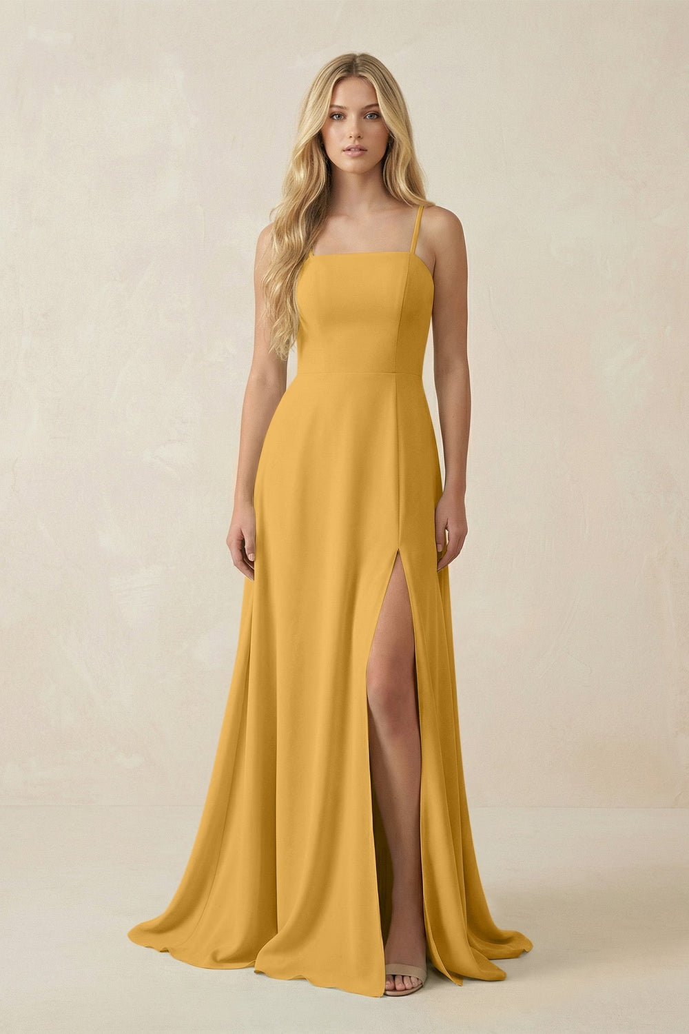 Spaghetti Strap Chiffon A - Line Bridesmaid Dress in Marigold - SHE IS ME Bridesmaid Dresses