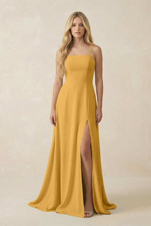 Spaghetti Strap Chiffon A - Line Bridesmaid Dress in Marigold - SHE IS ME Bridesmaid Dresses