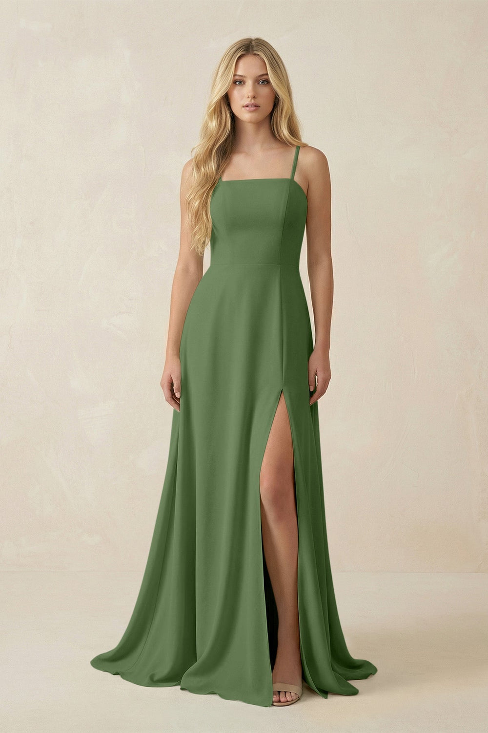 Spaghetti Strap Chiffon A - Line Bridesmaid Dress in Moss - SHE IS ME Bridesmaid Dresses