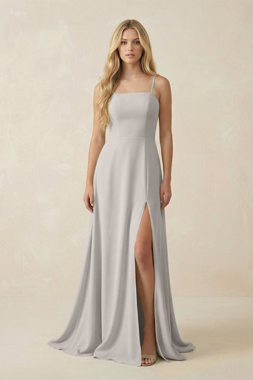 Spaghetti Strap Chiffon A - Line Bridesmaid Dress in Silver - SHE IS ME Bridesmaid Dresses