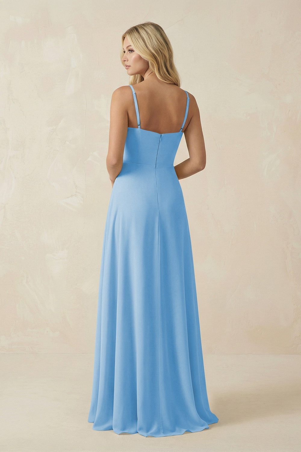 Spaghetti Strap Chiffon A - Line Bridesmaid Dress in Steel Blue - SHE IS ME Bridesmaid Dresses