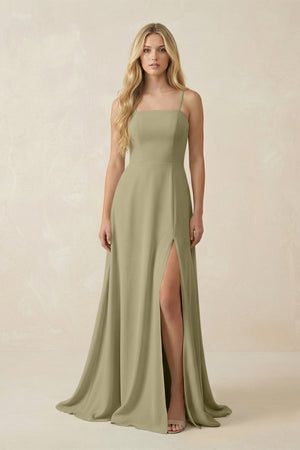 Spaghetti Strap Chiffon A - Line Bridesmaid Dress in Thyme - SHE IS ME Bridesmaid Dresses