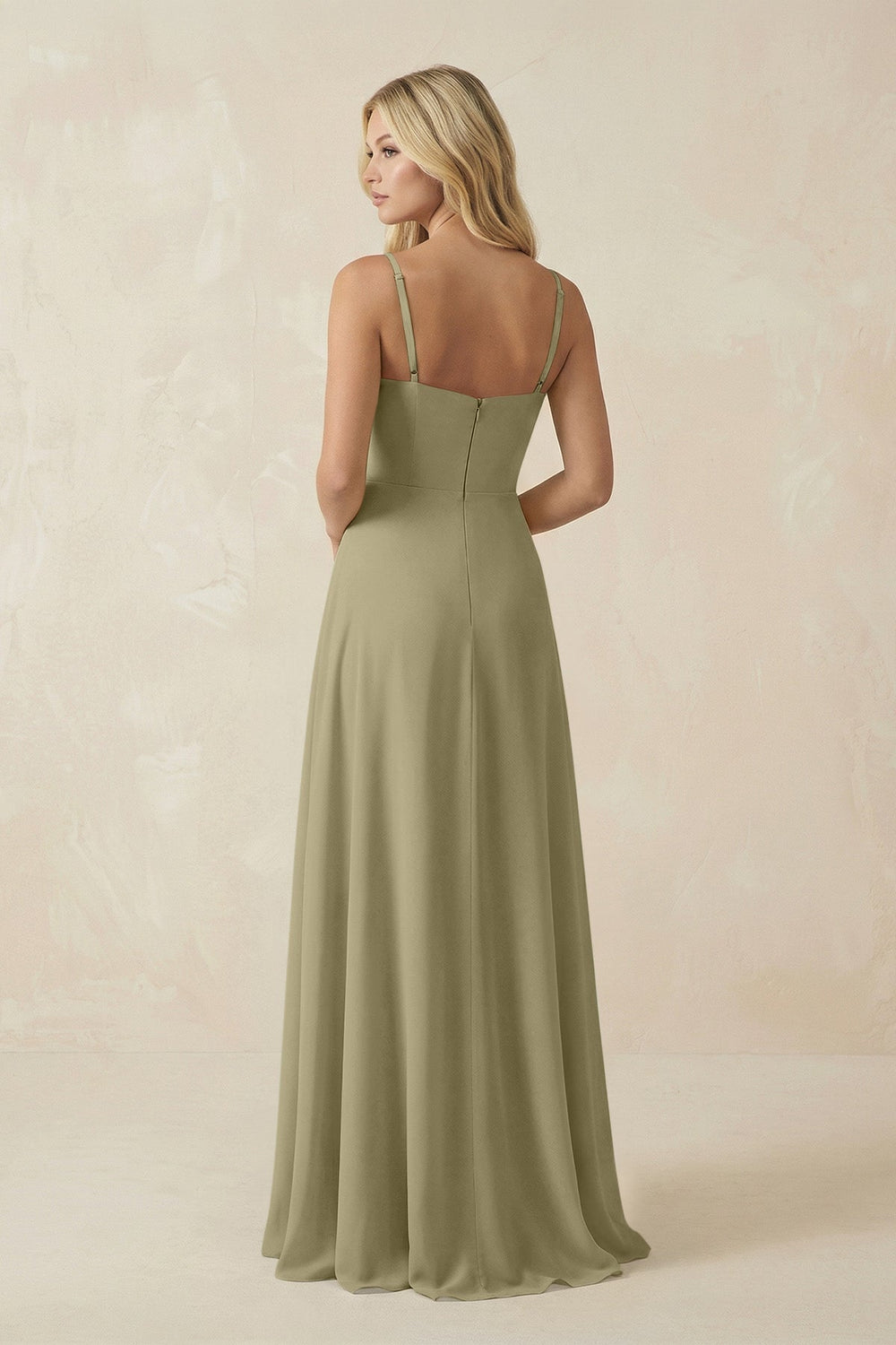 Spaghetti Strap Chiffon A - Line Bridesmaid Dress in Thyme - SHE IS ME Bridesmaid Dresses