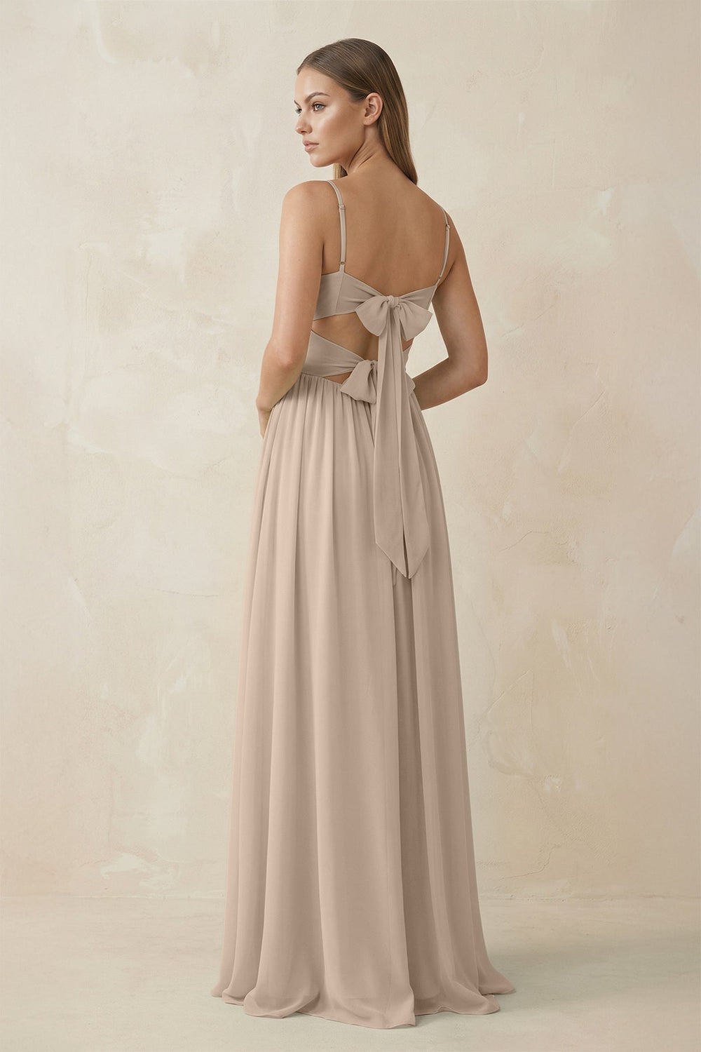 Spaghetti Strap Pleated A - Line Chiffon Bridesmaid Dress in Almond - SHE IS ME Bridesmaid Dresses