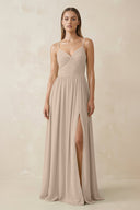Spaghetti Strap Pleated A - Line Chiffon Bridesmaid Dress in Almond - SHE IS ME Bridesmaid Dresses