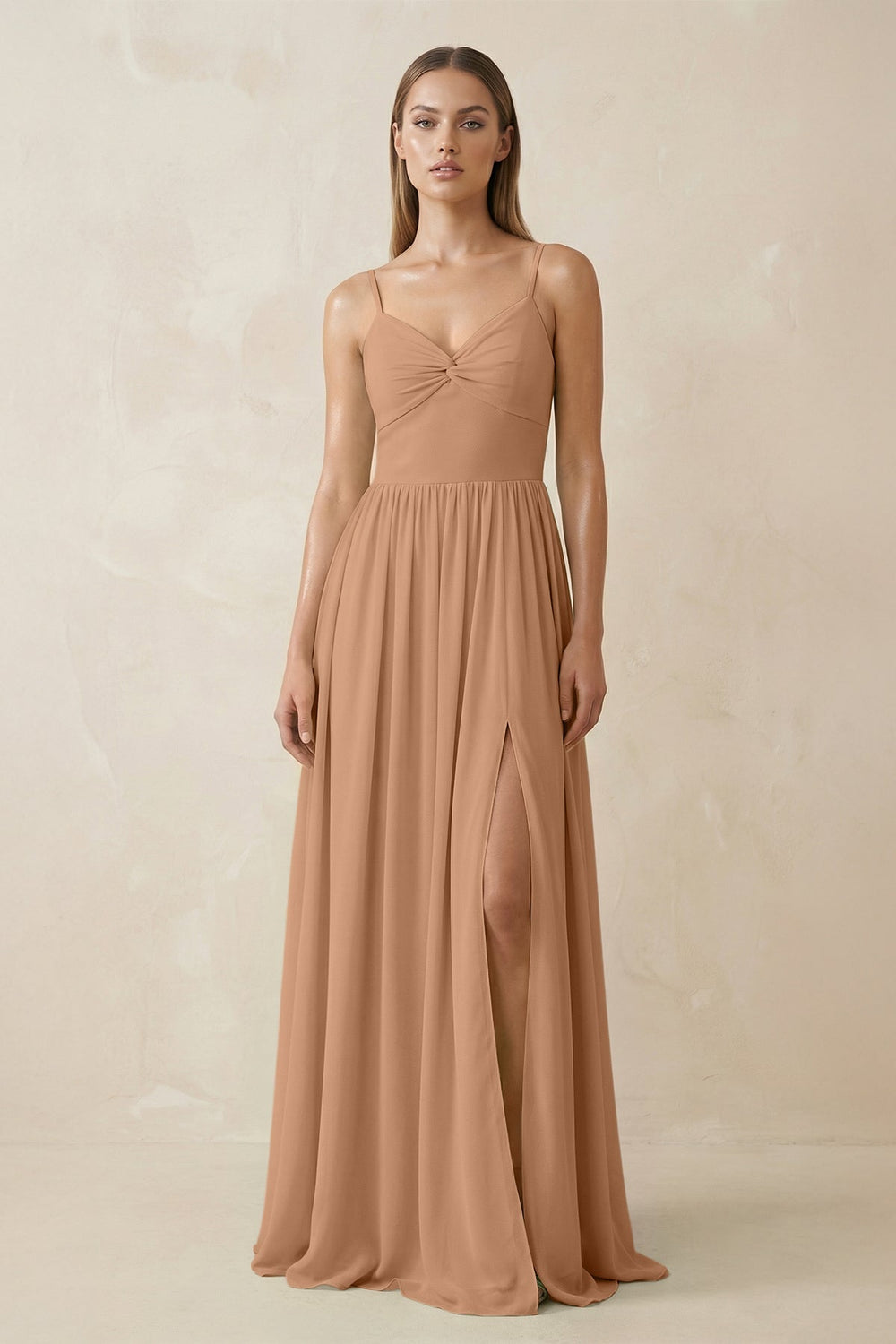 Spaghetti Strap Pleated A - Line Chiffon Bridesmaid Dress in Bronzer - SHE IS ME Bridesmaid Dresses