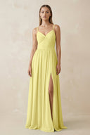 Spaghetti Strap Pleated A - Line Chiffon Bridesmaid Dress in Buttercup - SHE IS ME Bridesmaid Dresses