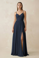 Spaghetti Strap Pleated A - Line Chiffon Bridesmaid Dress in Dark Navy - SHE IS ME Bridesmaid Dresses
