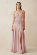 Spaghetti Strap Pleated A - Line Chiffon Bridesmaid Dress in Dusty Rose - SHE IS ME Bridesmaid Dresses