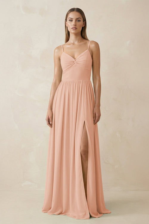Spaghetti Strap Pleated A - Line Chiffon Bridesmaid Dress in English Rose - SHE IS ME Bridesmaid Dresses