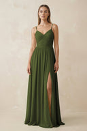 Spaghetti Strap Pleated A - Line Chiffon Bridesmaid Dress in Olive - SHE IS ME Bridesmaid Dresses
