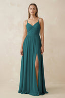 Spaghetti Strap Pleated A - Line Chiffon Bridesmaid Dress in Pine - SHE IS ME Bridesmaid Dresses