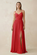 Spaghetti Strap Pleated A - Line Chiffon Bridesmaid Dress in Ruby Red - SHE IS ME Bridesmaid Dresses