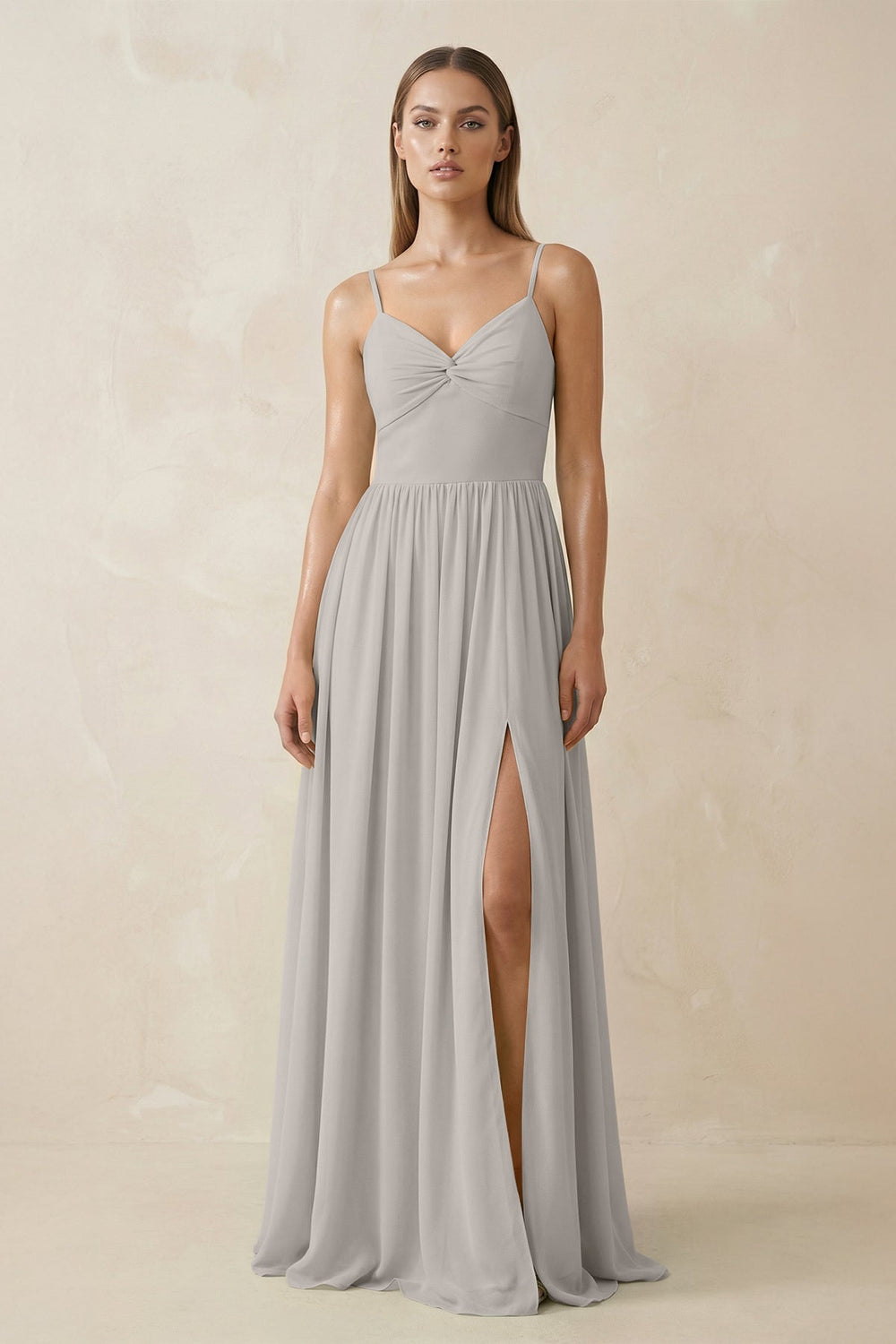 Spaghetti Strap Pleated A - Line Chiffon Bridesmaid Dress in Silver - SHE IS ME Bridesmaid Dresses