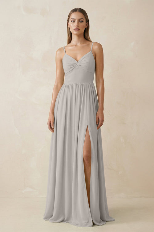 Spaghetti Strap Pleated A - Line Chiffon Bridesmaid Dress in Silver - SHE IS ME Bridesmaid Dresses