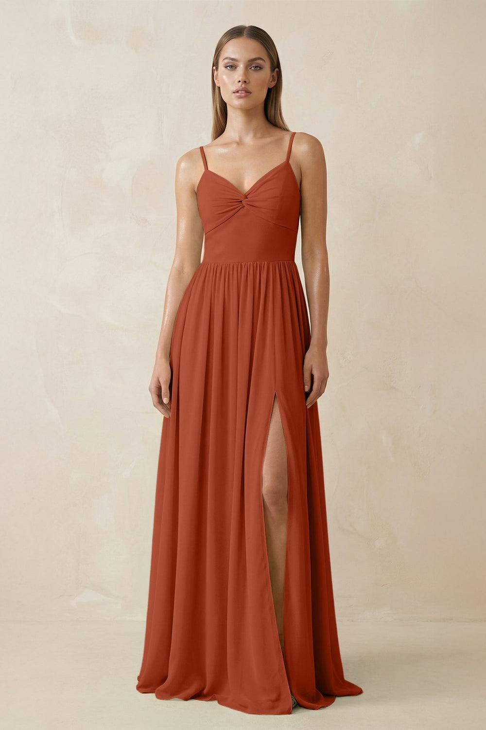 Spaghetti Strap Pleated A - Line Chiffon Bridesmaid Dress in Spice - SHE IS ME Bridesmaid Dresses