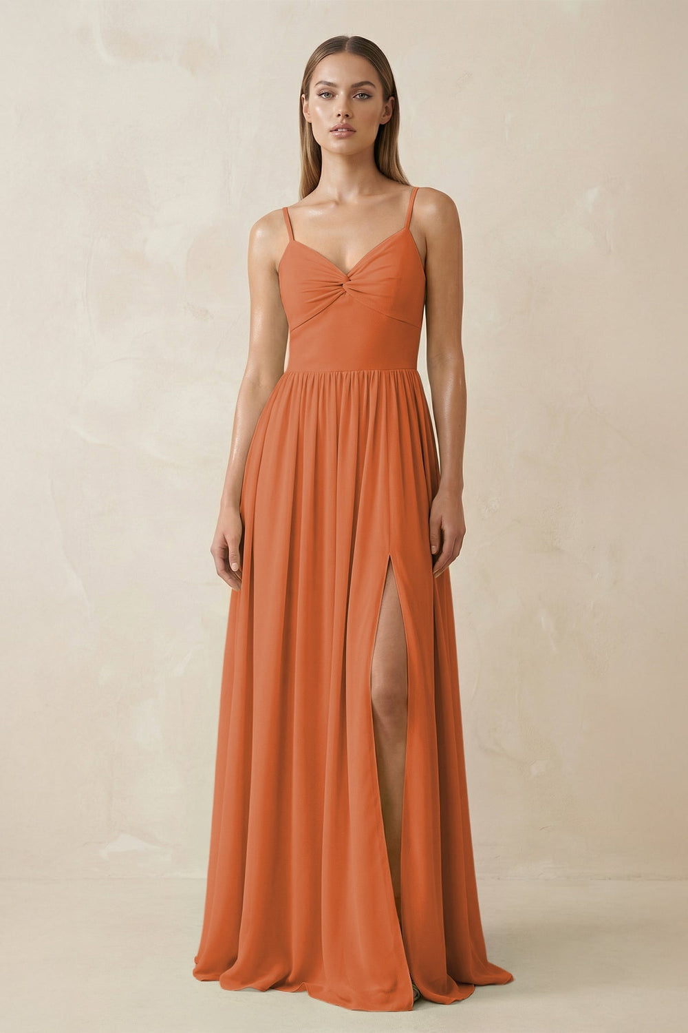 Spaghetti Strap Pleated A - Line Chiffon Bridesmaid Dress in Terracotta - SHE IS ME Bridesmaid Dresses