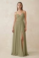 Spaghetti Strap Pleated A - Line Chiffon Bridesmaid Dress in Thyme - SHE IS ME Bridesmaid Dresses