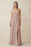 Spaghetti Strap Pleated A - Line Chiffon Bridesmaid Dress in Toffee - SHE IS ME Bridesmaid Dresses