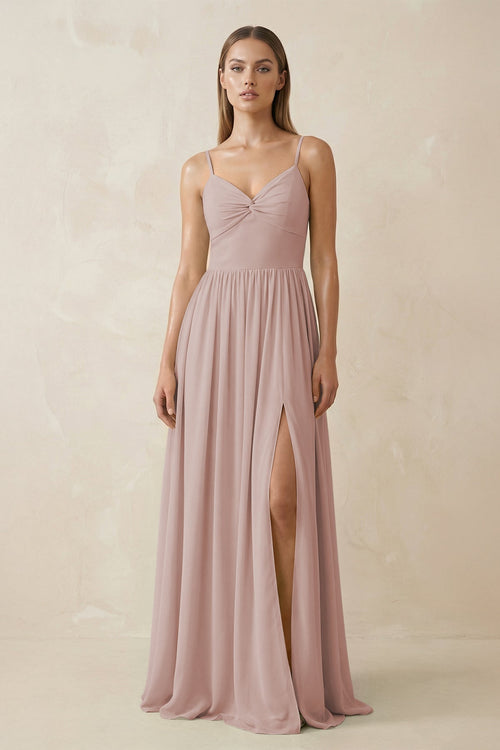 Spaghetti Strap Pleated A - Line Chiffon Bridesmaid Dress in Toffee - SHE IS ME Bridesmaid Dresses
