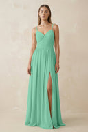 Spaghetti Strap Pleated A - Line Chiffon Bridesmaid Dress in Turquoise - SHE IS ME Bridesmaid Dresses