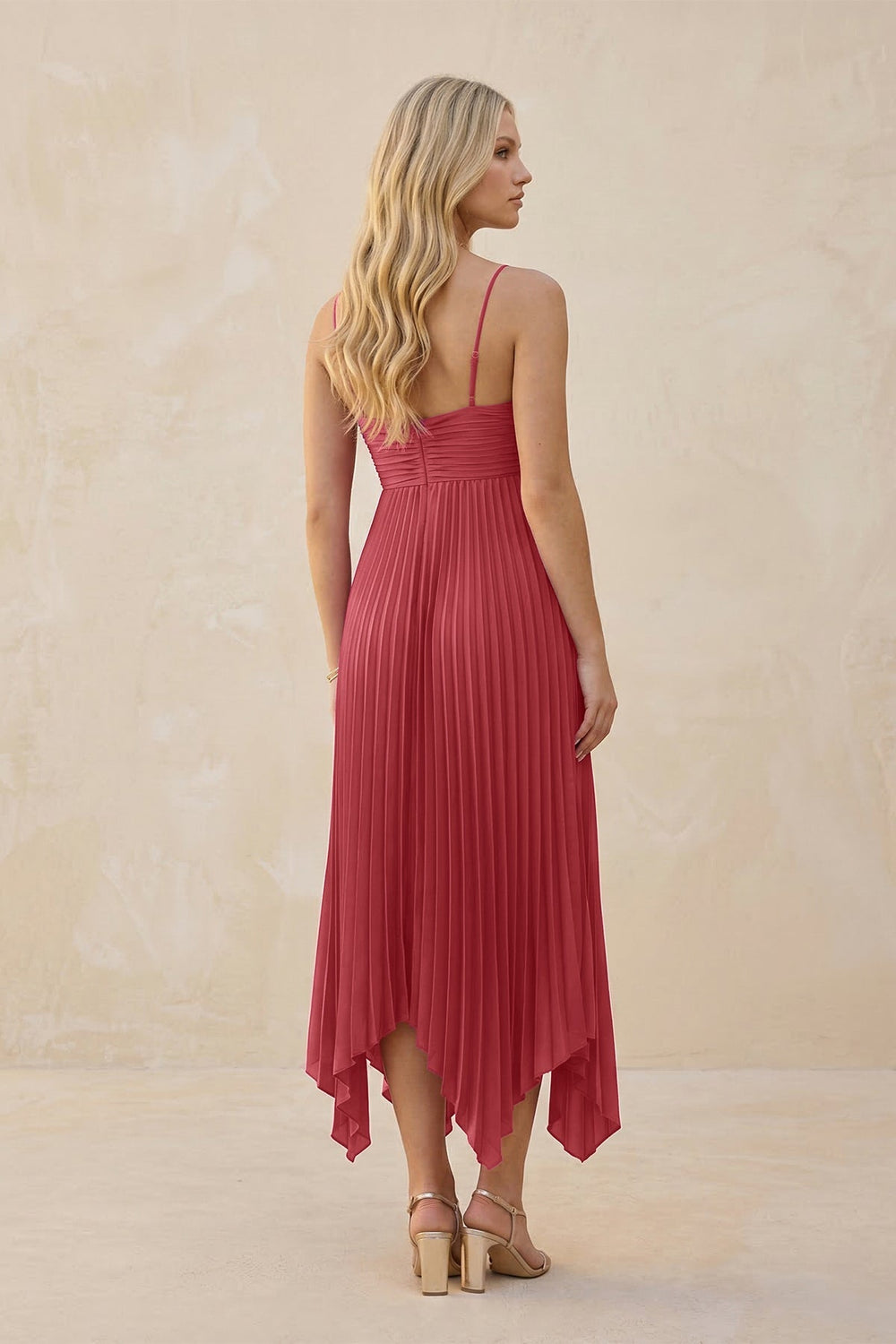 Spaghetti Strap Pleated A - Line Chiffon Midi Bridesmaid Dress in Desert Rose - SHE IS ME Bridesmaid Dresses