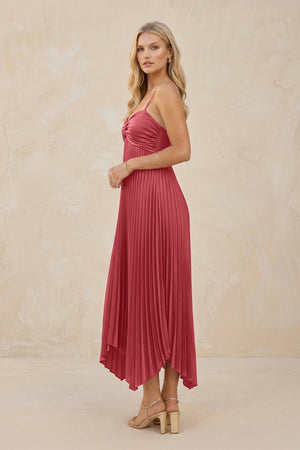 Spaghetti Strap Pleated A - Line Chiffon Midi Bridesmaid Dress in Desert Rose - SHE IS ME Bridesmaid Dresses