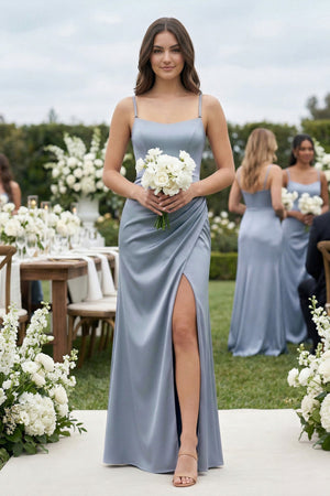 Spaghetti Strap Ruched Sheath Satin Bridesmaid Dress in Twilight - SHE IS ME Bridesmaid Dresses