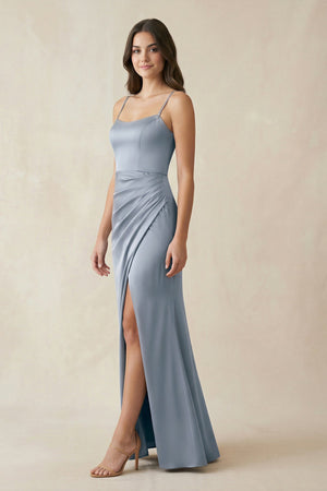 Spaghetti Strap Ruched Sheath Satin Bridesmaid Dress in Twilight - SHE IS ME Bridesmaid Dresses