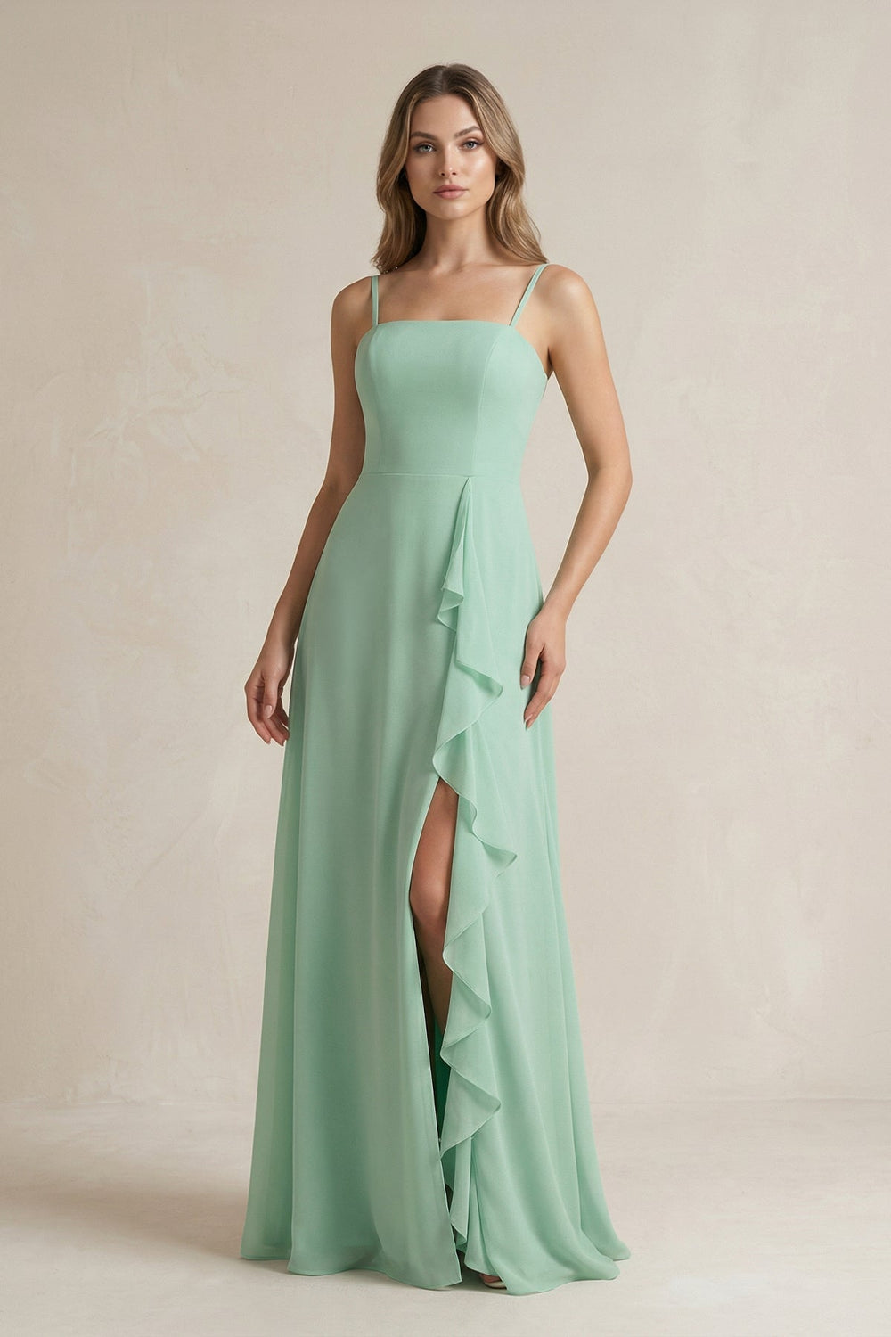 Spaghetti Strap Ruffled A-Line Chiffon Bridesmaid Dress in Pale Pistachio - SHE IS ME BRIDESMAID DRESSES