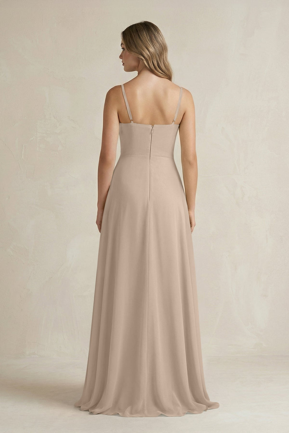Spaghetti Strap Ruffled A - Line Chiffon Bridesmaid Dress in Almond - SHE IS ME Bridesmaid Dresses
