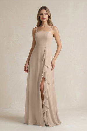 Spaghetti Strap Ruffled A - Line Chiffon Bridesmaid Dress in Almond - SHE IS ME Bridesmaid Dresses