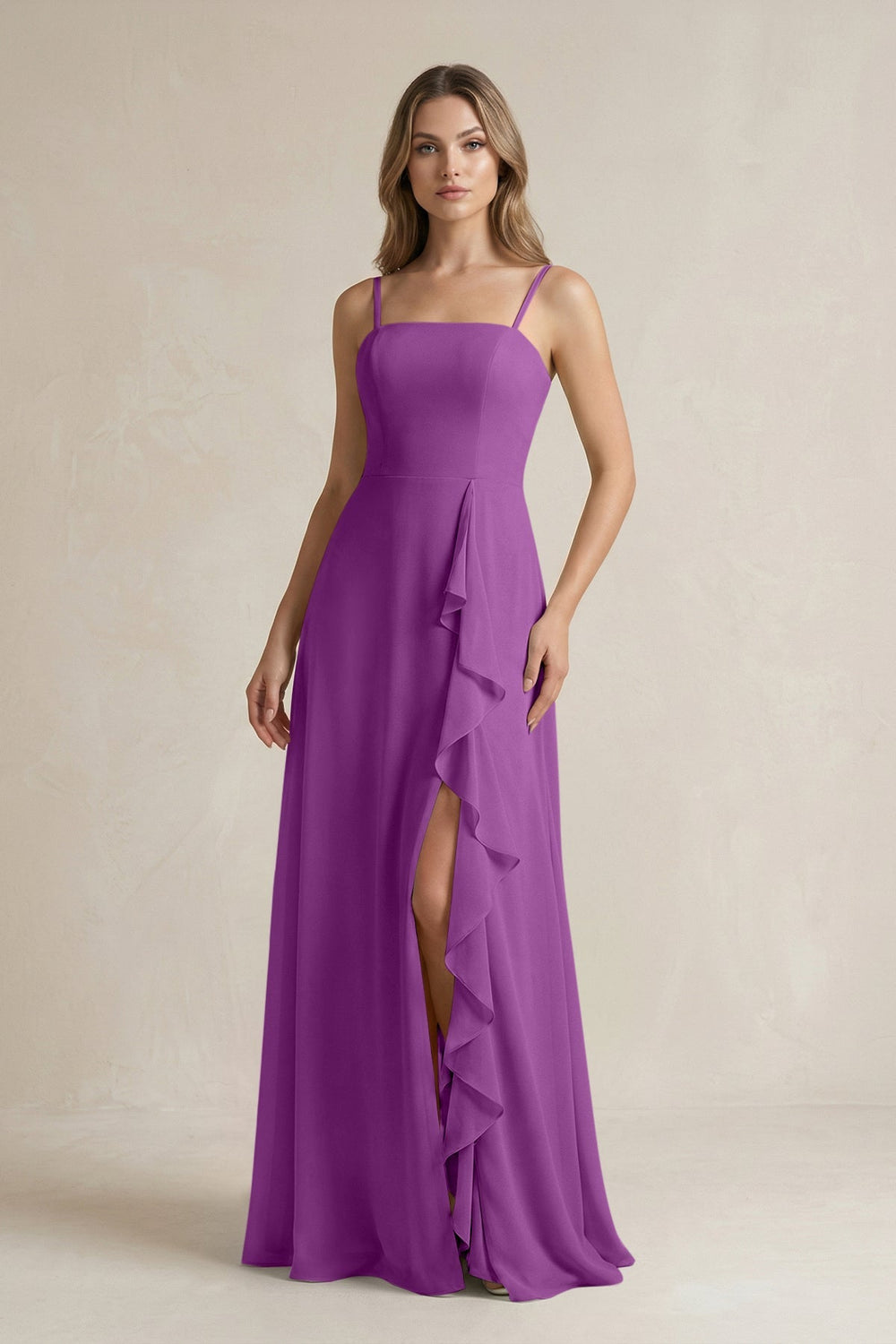 Spaghetti Strap Ruffled A - Line Chiffon Bridesmaid Dress in Amethyst - SHE IS ME Bridesmaid Dresses