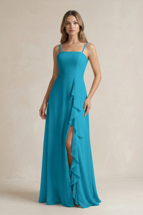 Spaghetti Strap Ruffled A - Line Chiffon Bridesmaid Dress in Blue Jay - SHE IS ME Bridesmaid Dresses