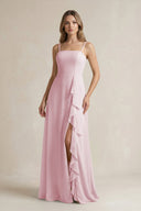 Spaghetti Strap Ruffled A - Line Chiffon Bridesmaid Dress in Candy Pink - SHE IS ME Bridesmaid Dresses