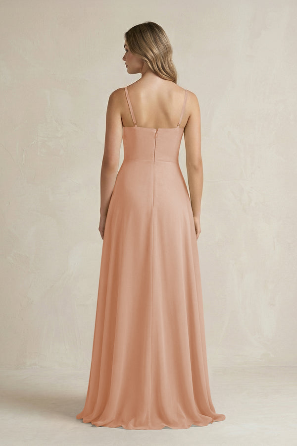 Spaghetti Strap Ruffled A - Line Chiffon Bridesmaid Dress in Champagne Rose - SHE IS ME Bridesmaid Dresses