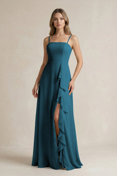 Spaghetti Strap Ruffled A - Line Chiffon Bridesmaid Dress in Dark Teal - SHE IS ME Bridesmaid Dresses